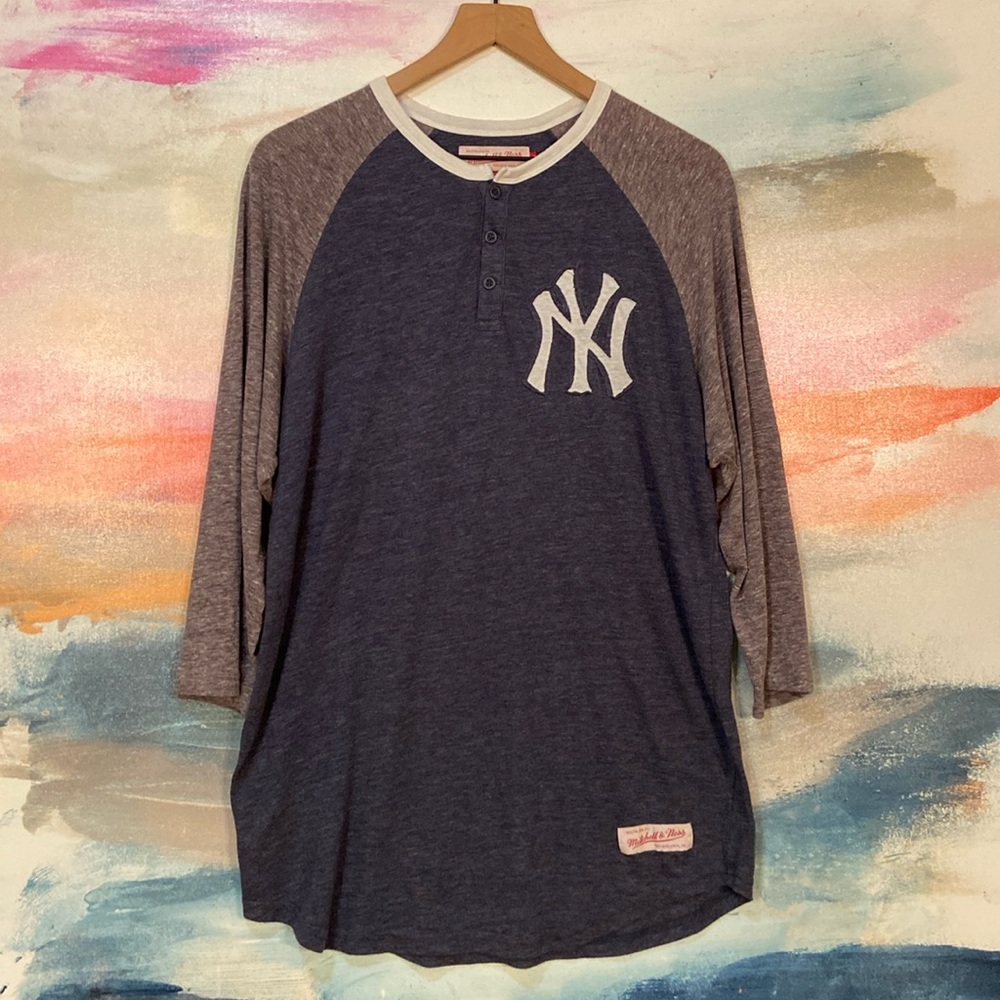 🔥EC🔥2014 NY Yankees Cotton Blend Mitchell & Ness 3 Button Raglan Shirt.